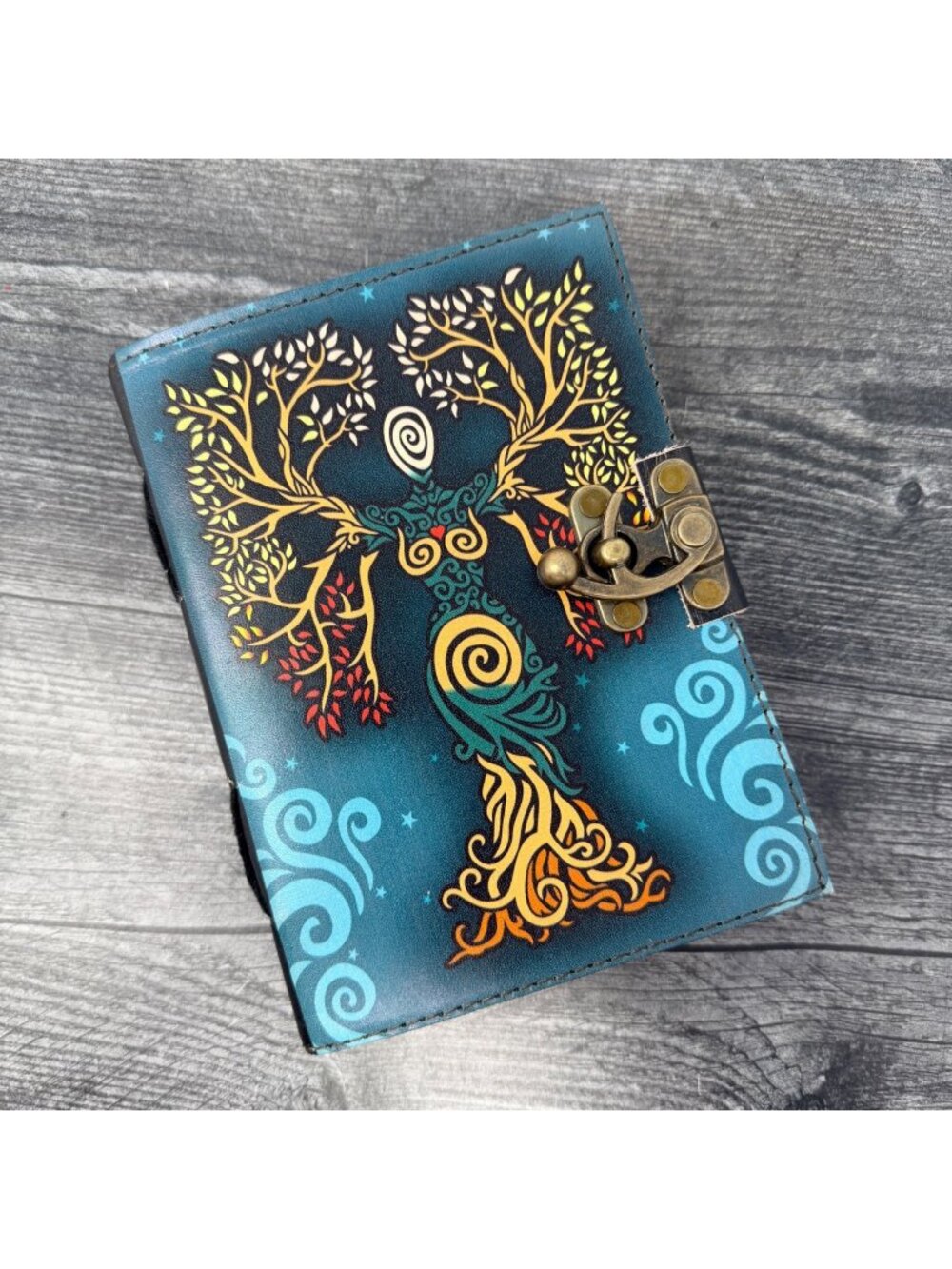 Tree of Life Goddess Leather Journal Lock Clasp Handmade Deckle Paper